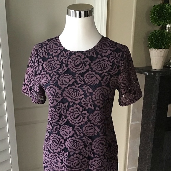 NEW Ann Taylor Dress SZ 2/XS 2-PC Top Skirt Navy Lavender Floral Lace Overlay - Picture 4 of 15